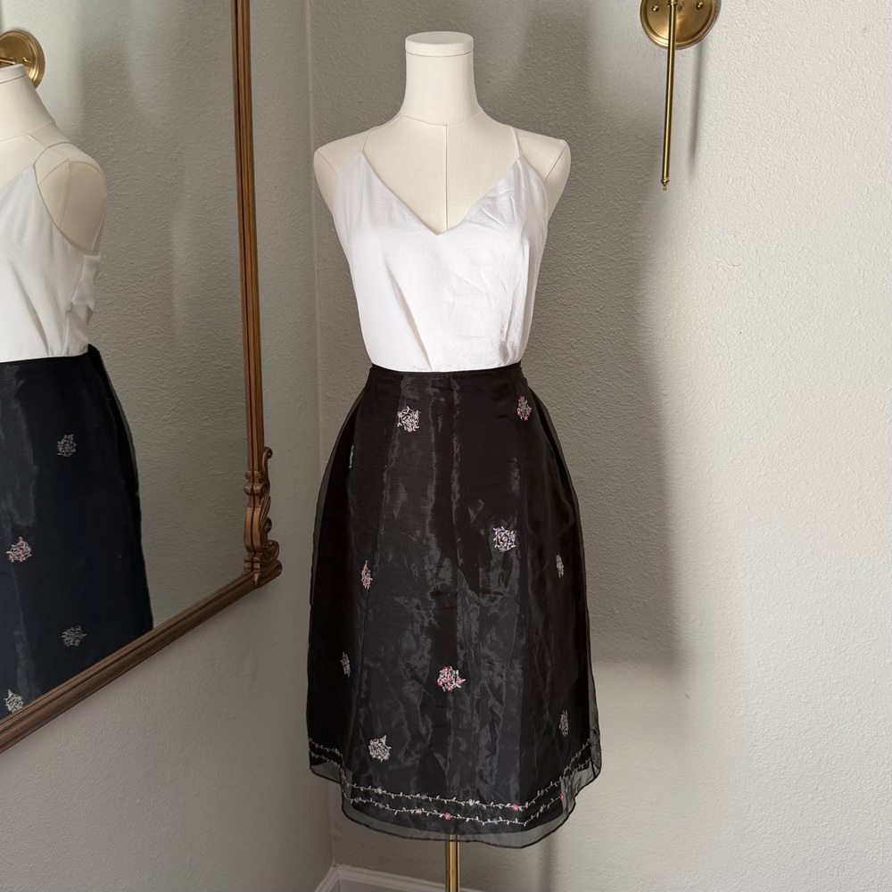 VTG 90s BCBG Nordstrom Embroidered Mesh Midi Skirt 12 Whimsigoth Fairycore Goth